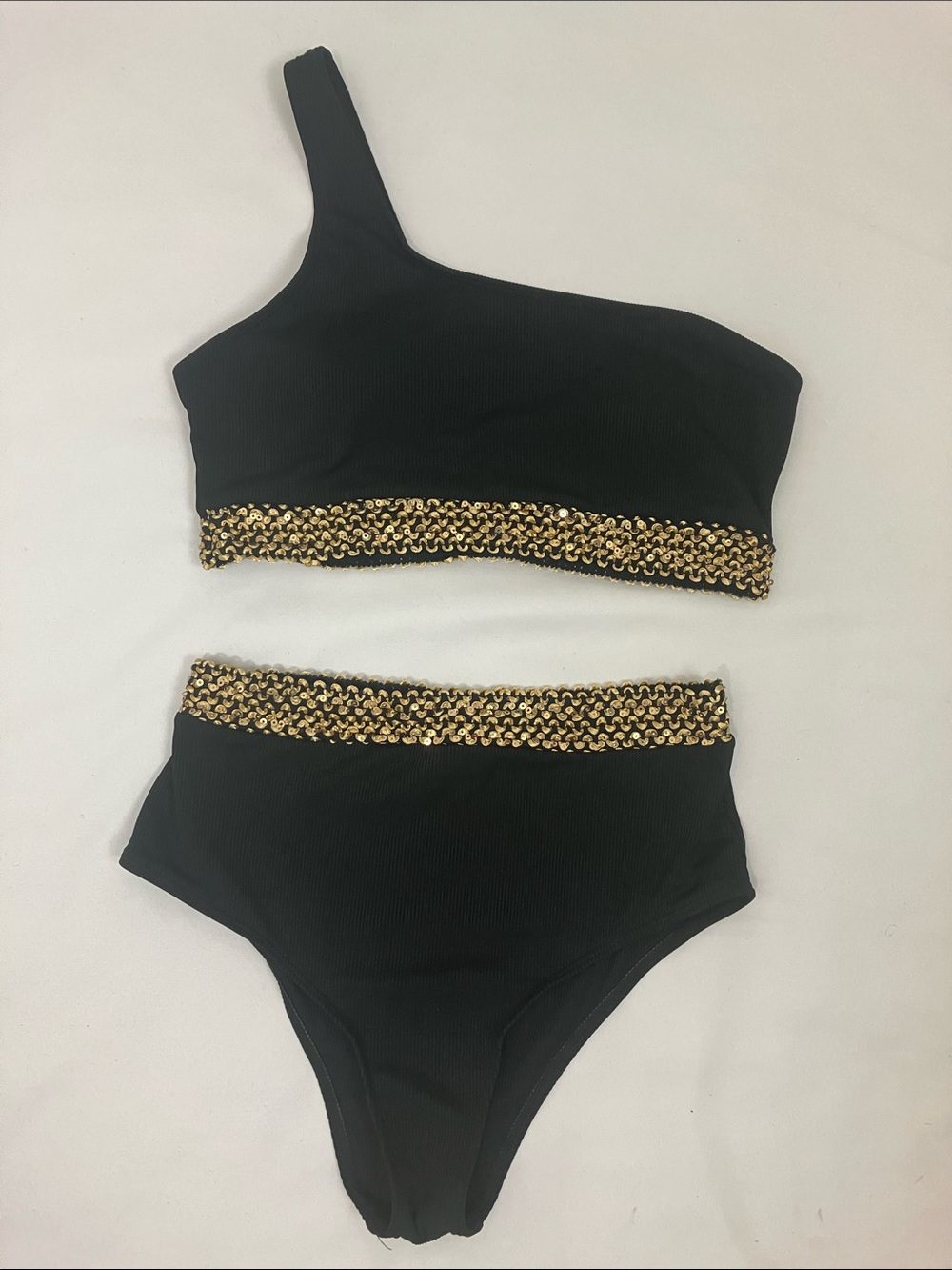 Cider Black Bikini Two Piece with Gold Sequence Trim Women’s Size Medium